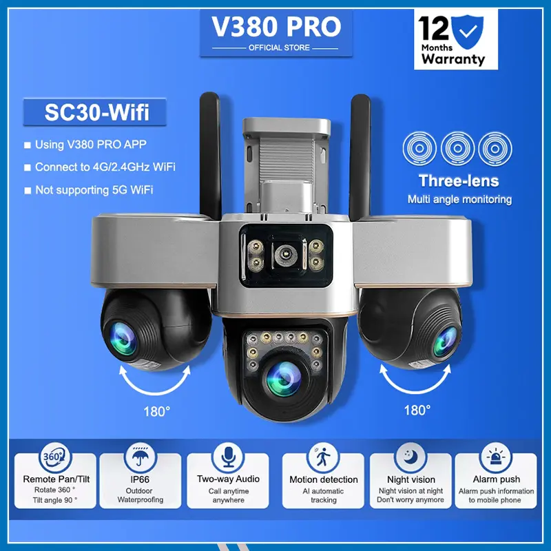 V380 PRO 3 Lens 3  PTZ SC30 WIFI IP Camera 6MP Outdoor Waterproof 360 Degree Wide Angle Auto Tracking Color Night Vision Two Way Audio CCTV Camera