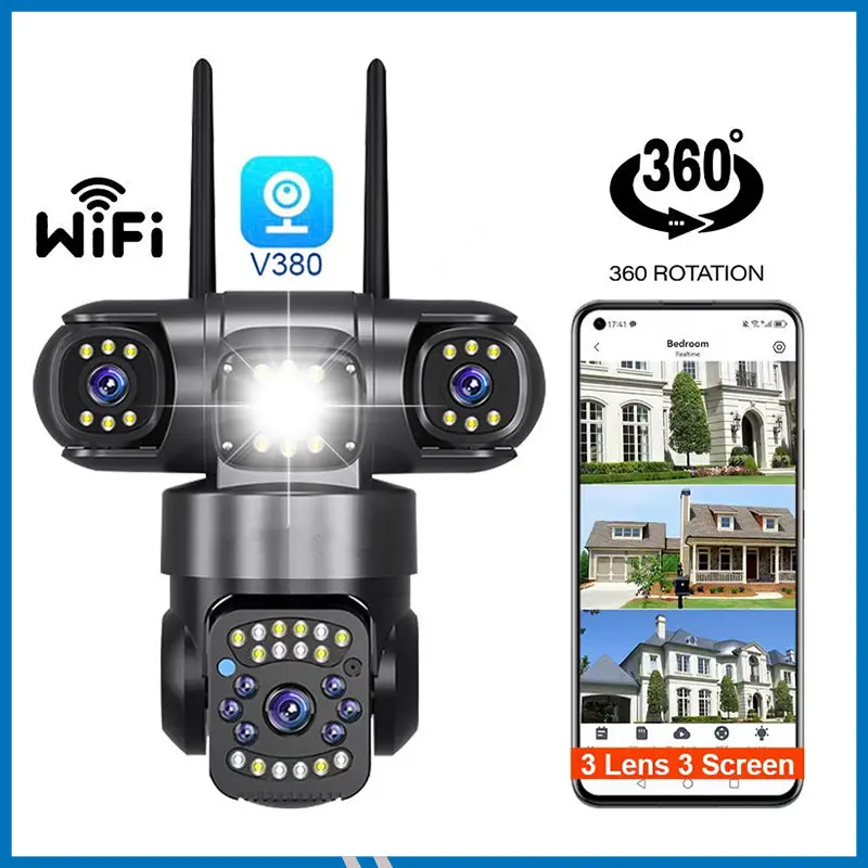 V380 New 3 Lens and 3 Screen SC28-G Black 5MP Security CCTV Wireless IP Security 4G&LAN Network PTZ Triple-Lens Camera